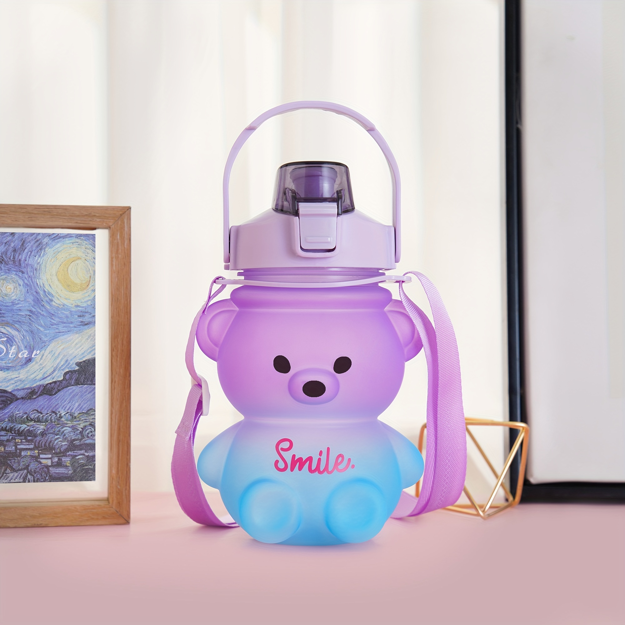 Bear Straw Bottle Portable Large Capacity Bear Water Bottle with Strap and  Straw Cute Bear Shaped Water Bottle Adjustable Removable Strap for Girls  School Outdoor Travel (purple-34oz)