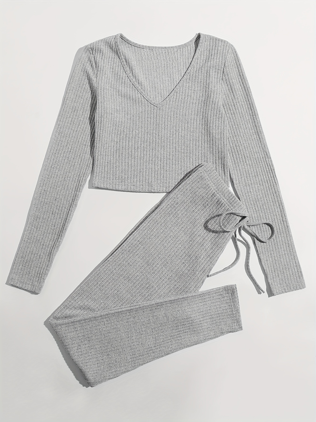 Long Sleeve V Neck Top & Lace Up Pants Lounge Set