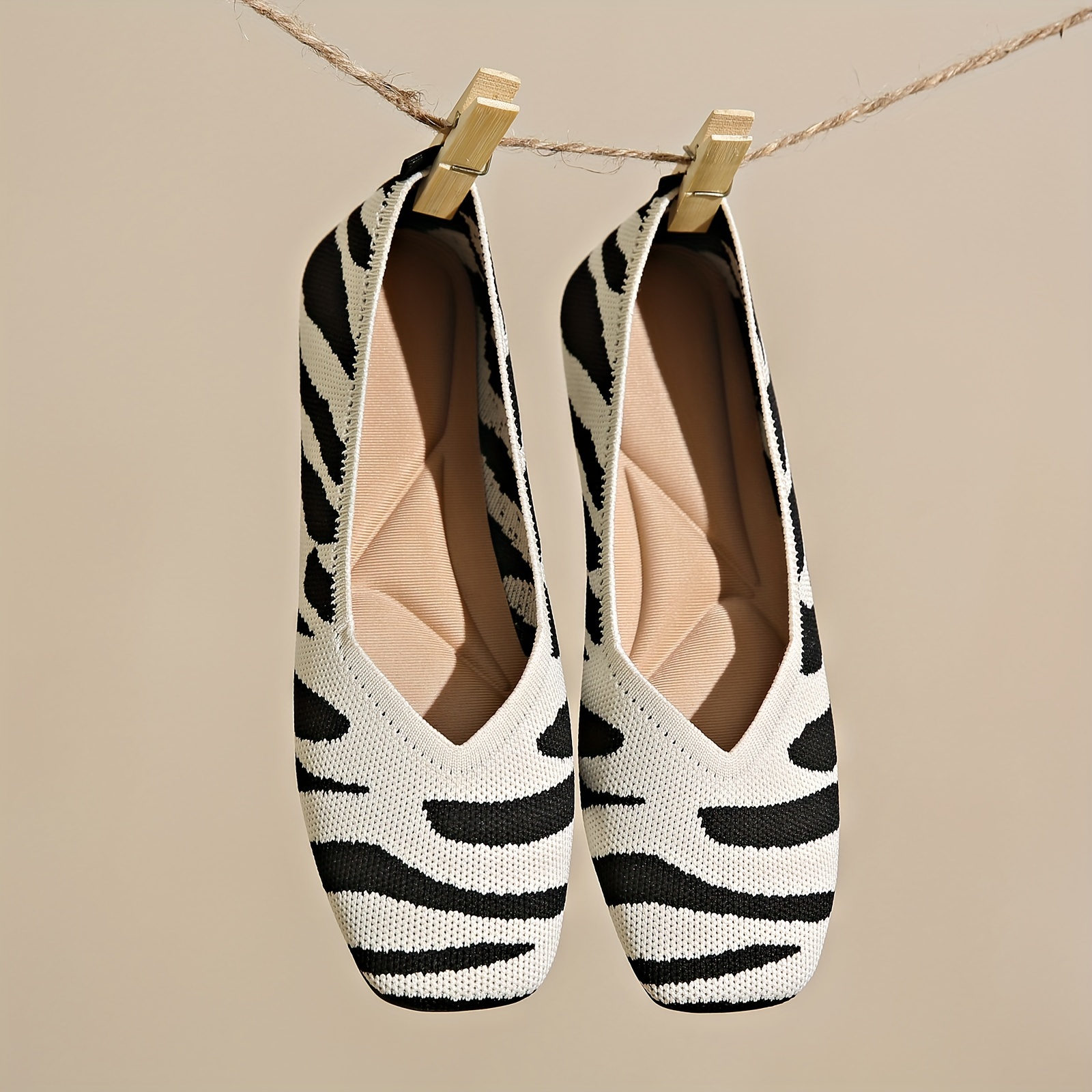Image of Women's Slip-on Zebra Stripe Ballet Flats - Lightweight Square Toe Shoes With Sole & Microfiber Insole, Breathable Fabric Upper Suitable For,, Semi-formal & Casual Attire, Women Shoes
