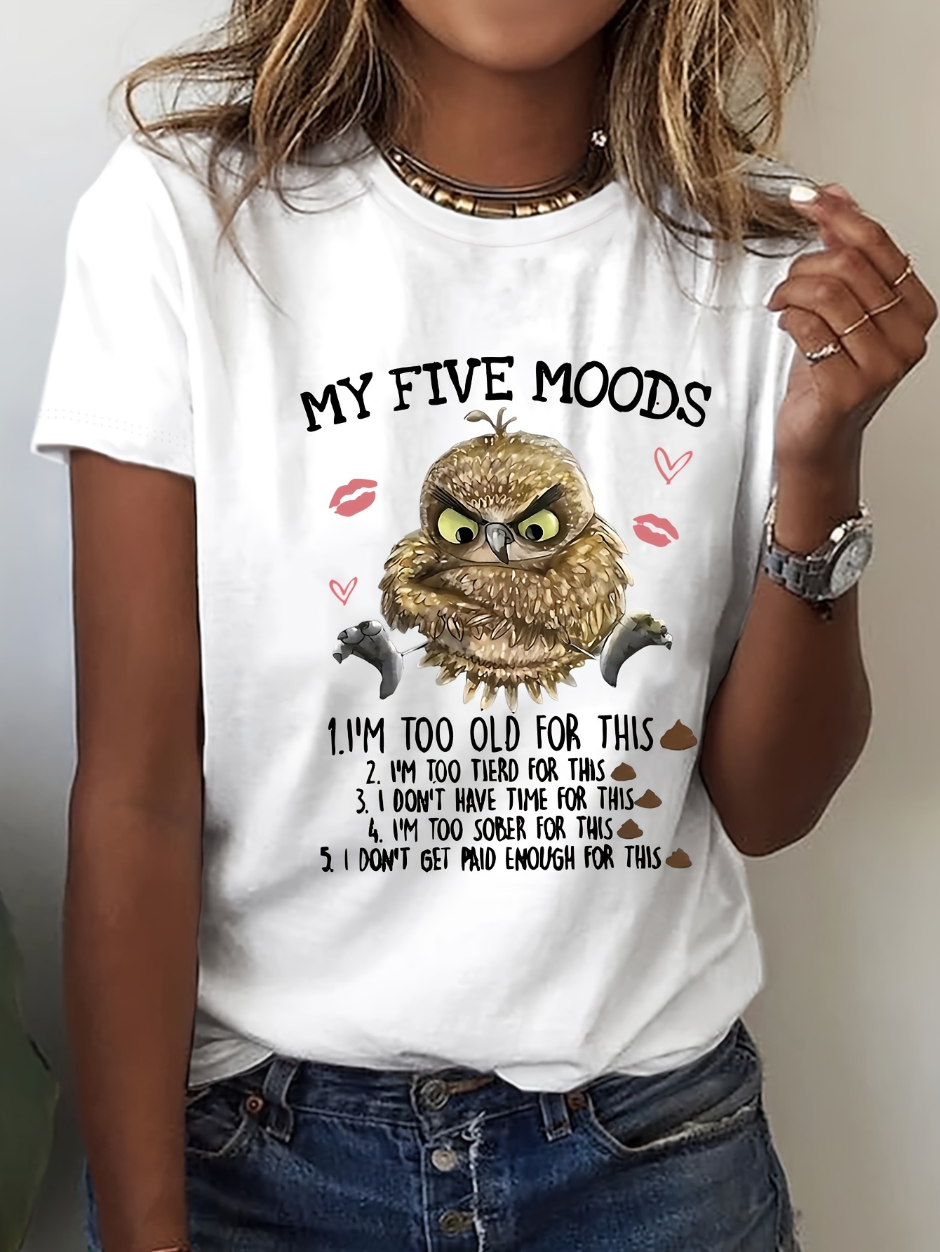 Owl Print Tシャツ、春夏用のカジュアルな半袖クルーネックトップ