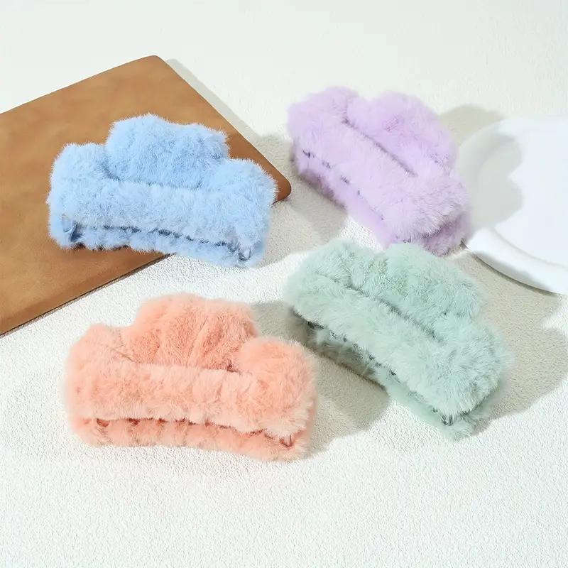 2pcs/3pcs/4pcs Plush Candy Color Hair Claw Clips Square All Match Grab Hair Clip Strong Hold Autumn And Winter Hair Accessories