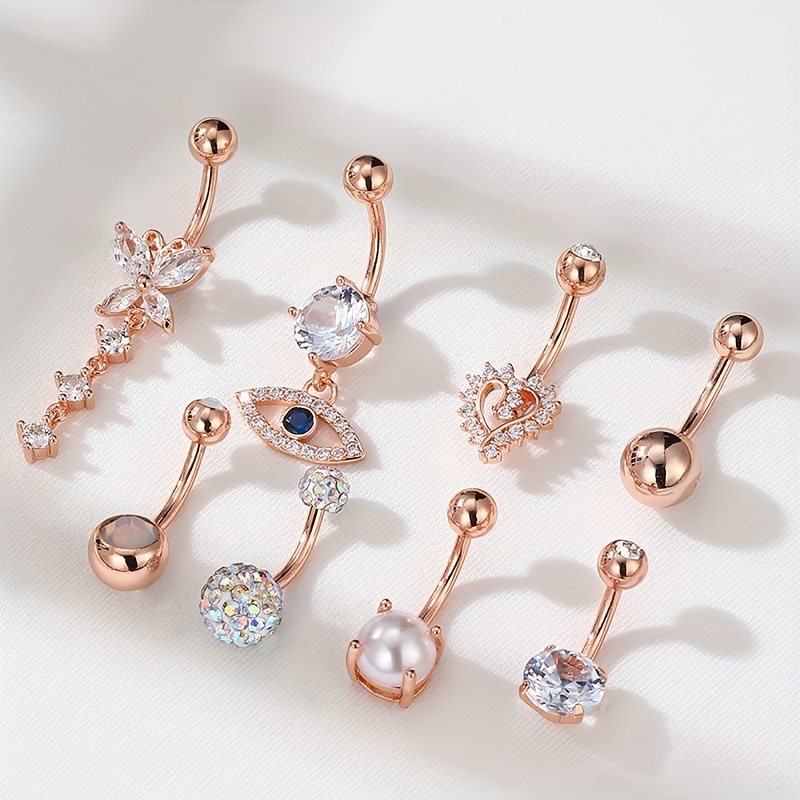 8pc Rose Golden Love Heart Devil's Eye Belly Button Ring Set