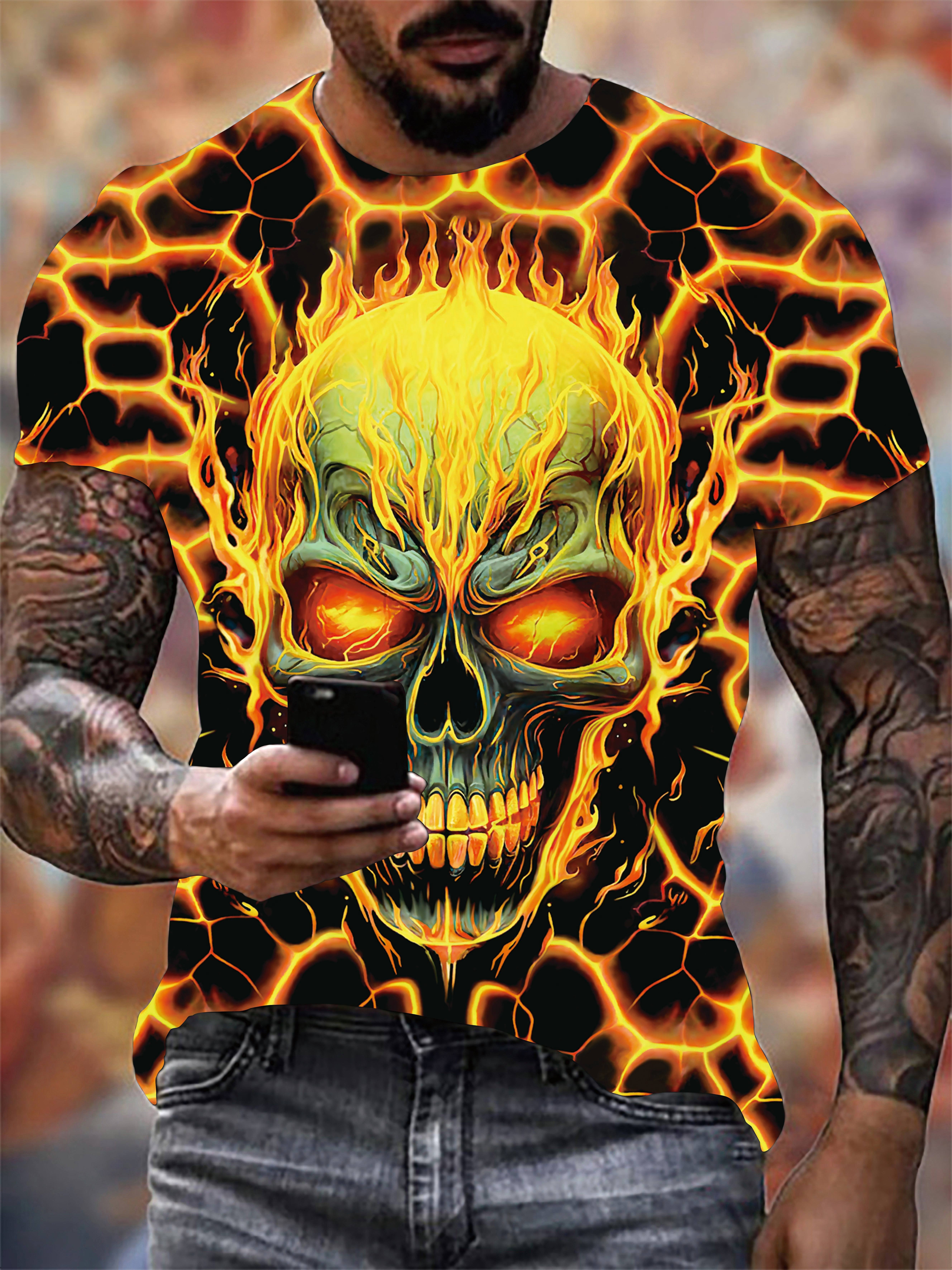 Men's 3D Flaming Skull Graphic T-Shirt - Casual Comfort Fit, Short Sleeve Pullover, Polyester Blend, Machine Washable, Summer Outdoor Wear, PLUS SIZE