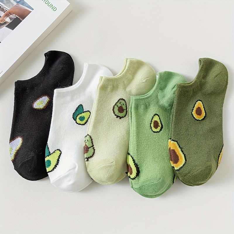 

5 Pairs Avocado Print Socks, Soft & Lightweight Low Cut Ankle Socks, Women's Stockings & Hosiery