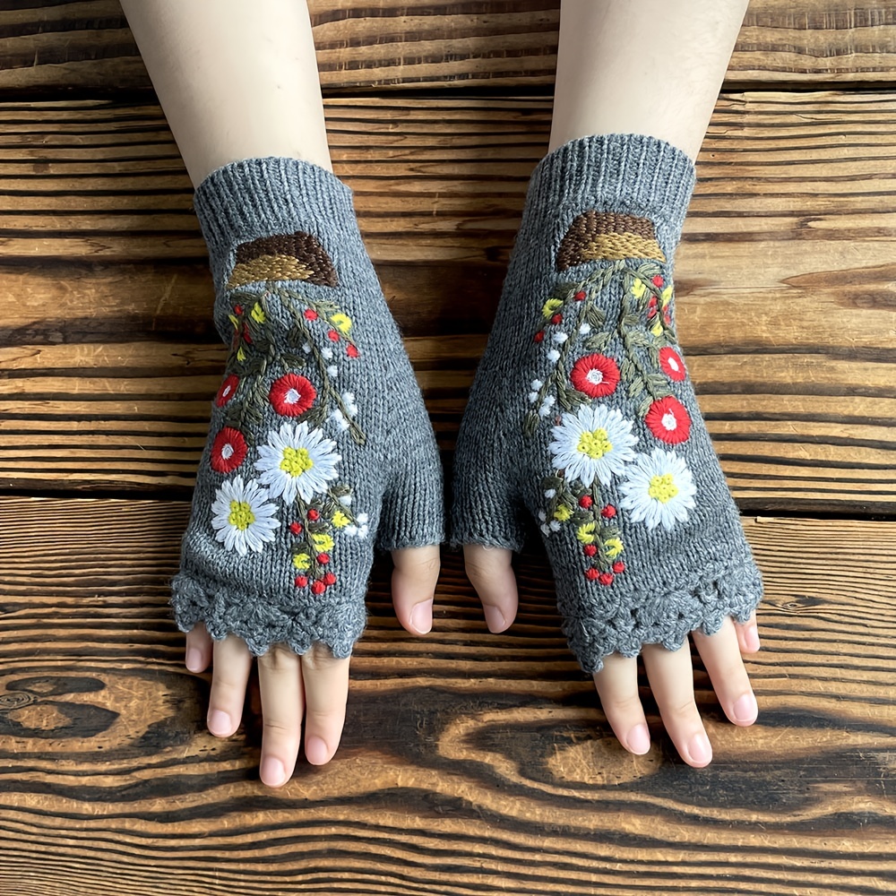 Short Flower Embroidered Knit Gloves Stylish Fingerless - Temu