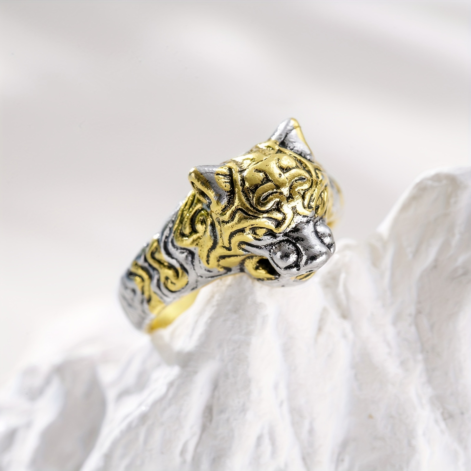 Leopard Head Ring, Retro Two Tiger Head Design