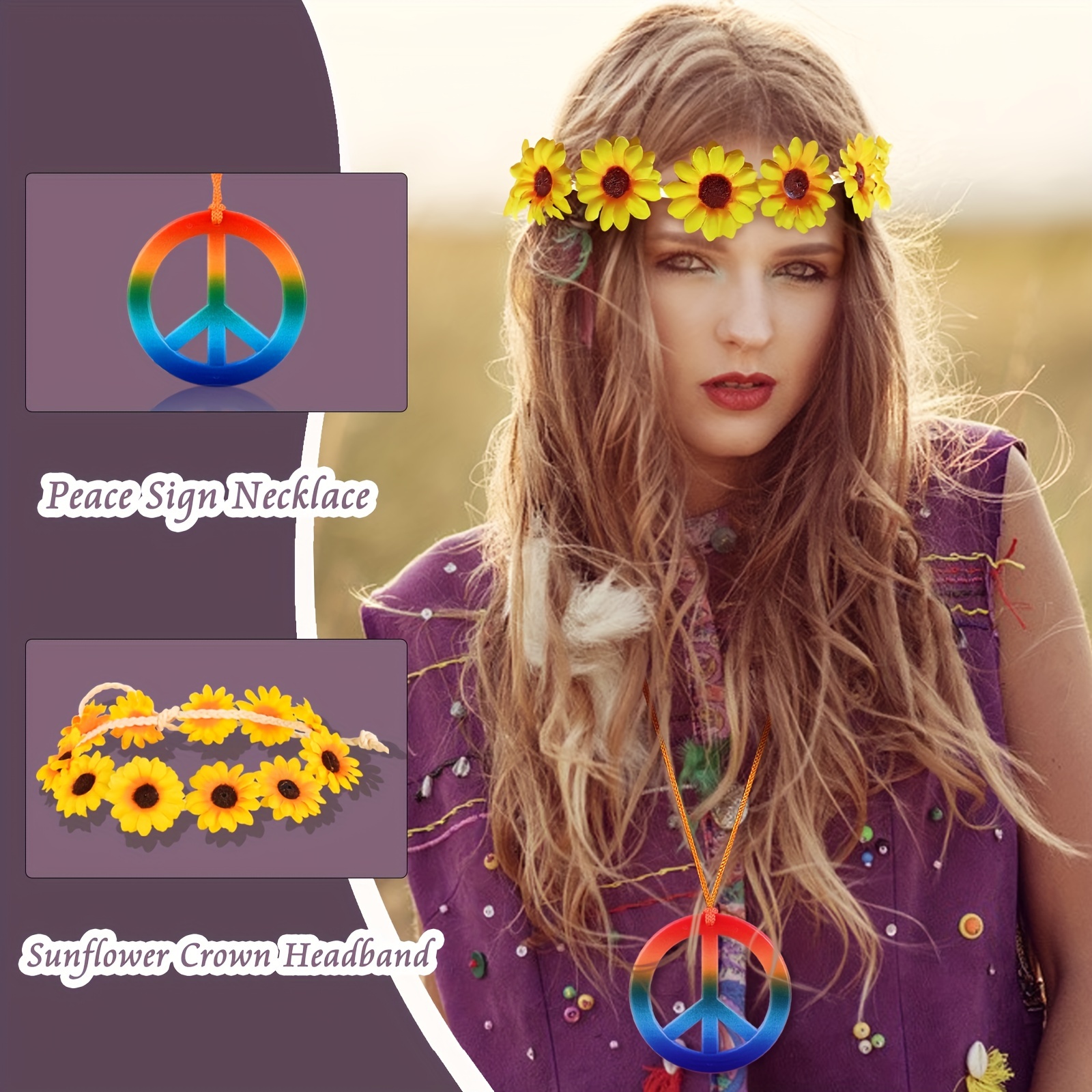 6 Pieces Hippie Costume Accessories Set 60s 70s Tie Dye Headband Sunflower  Crown Hippie Sunglasses Rainbow Peace Sign Necklace And Earrings For Women  Men Hippie Party Supplies