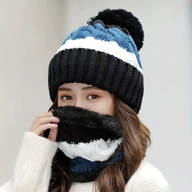2 pieces knitted hat scarf set windproof ear protection casual warm beanie hat with pom poms comfortable fleece lined neck warmer scarf details 3
