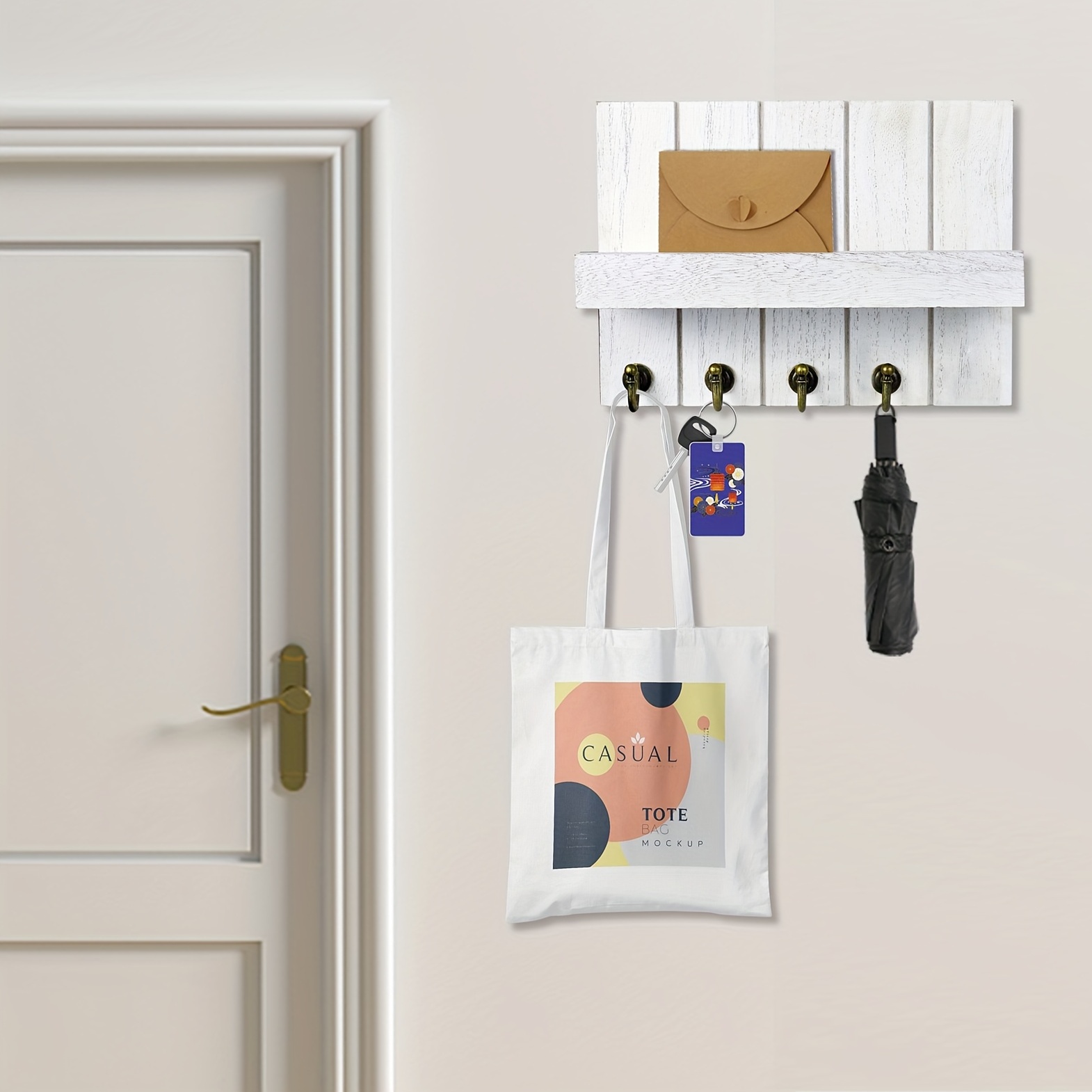 Wood Key Mail Holder Wall-Mounted - Key Holder with 5 Vintage Key Hooks, Key Holder for Wall Decorative, Rustic Key Hanger, Key Rack for Leash, Mail