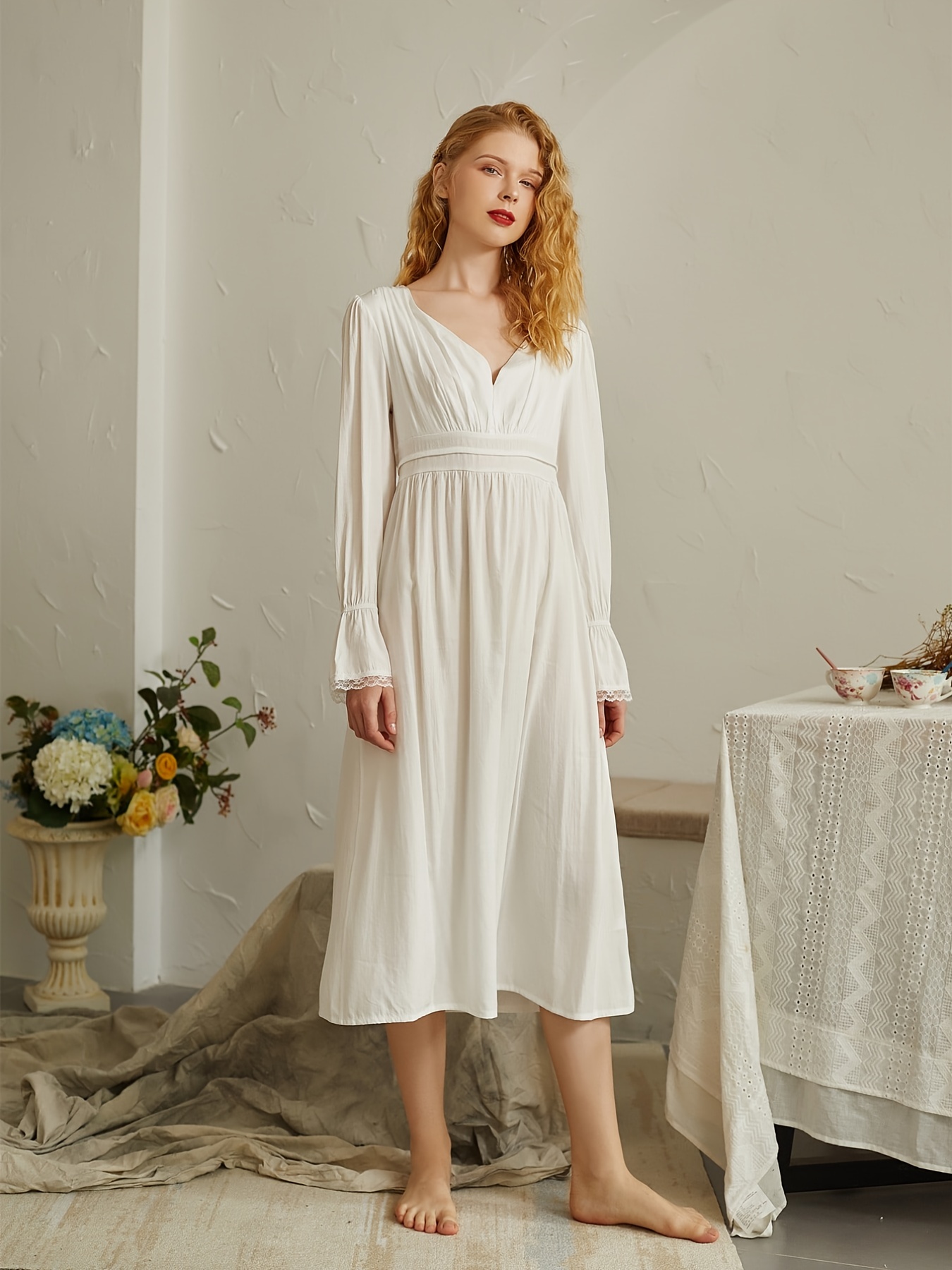Pleats Embellishment Pajama Dress, Comfy V Neck Ruffles Trim Ling Sleeve  Nightdress, Women's Lingerie & Sleepwear