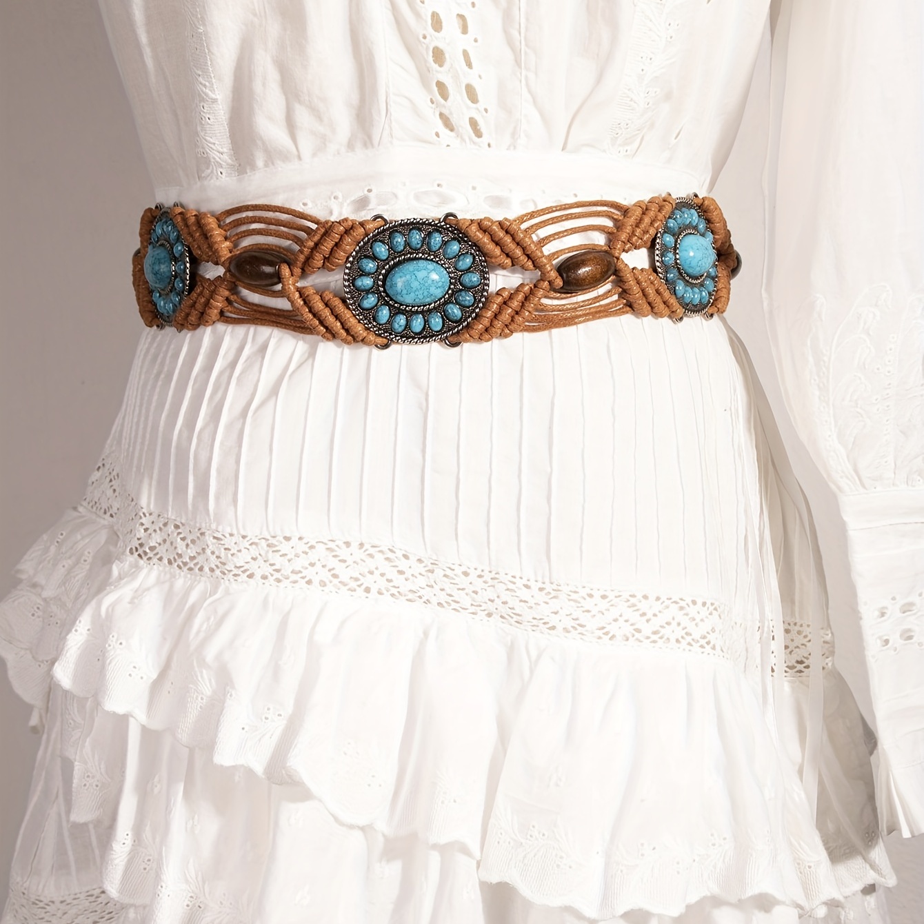 

Turquoise Inlaid Braided Belt Boho Hollow Out Wax Rope Waistband Vintage Decoration Dress Girdle For Women