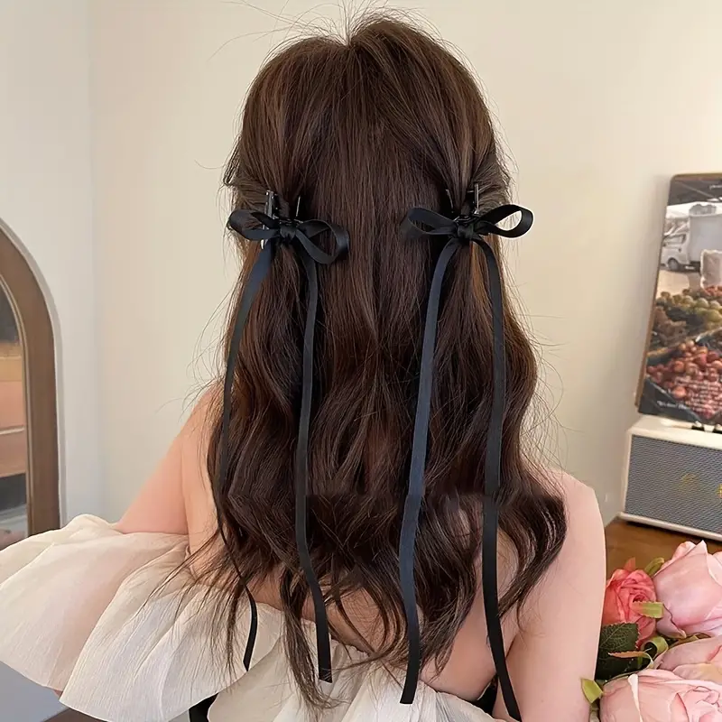 2pcs Braided Hair Ribbon Bow Hair Clip, Hair Pin, Hair Barrette Streamer Sweet Girl Hair Card Double Ponytail Headwear,Hairclip,Temu