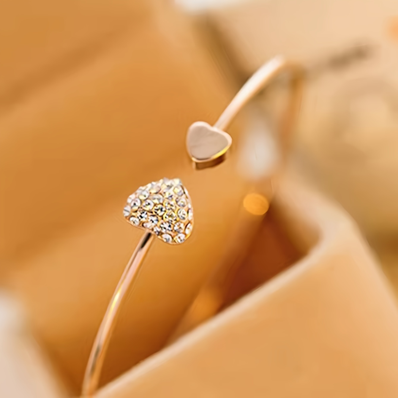 Love Heart Open Bangle Bracelet with Rhinestone Inlay