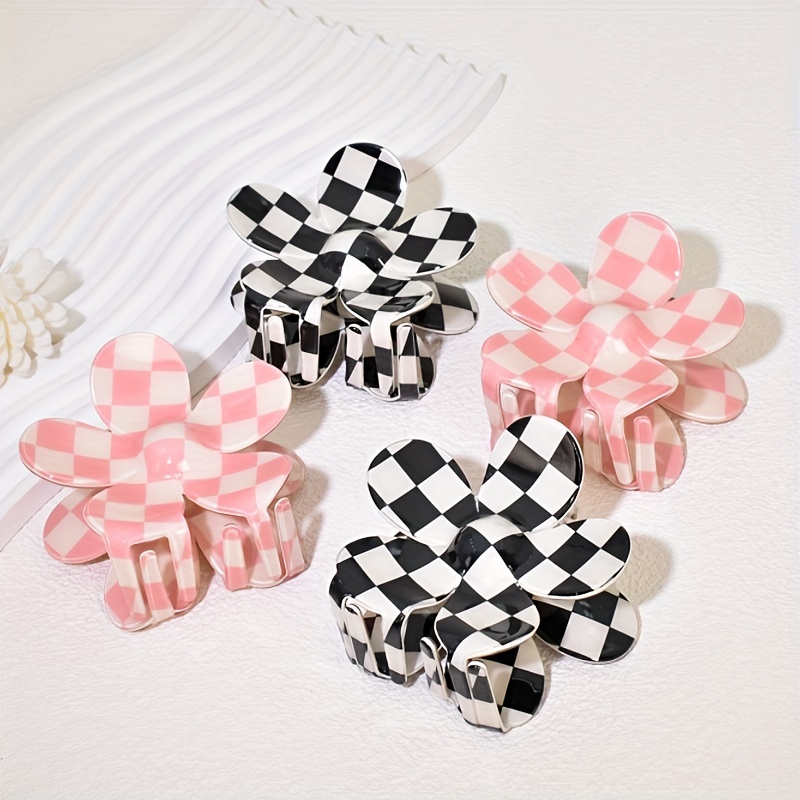 

1pc Checkerboard Acrylic Flower Hair Grab Clip Thick Hair Long Hair Suitable Black And White Pink Grid Flower Hair Grab Clip Shark Clip Women's Hair Accessories