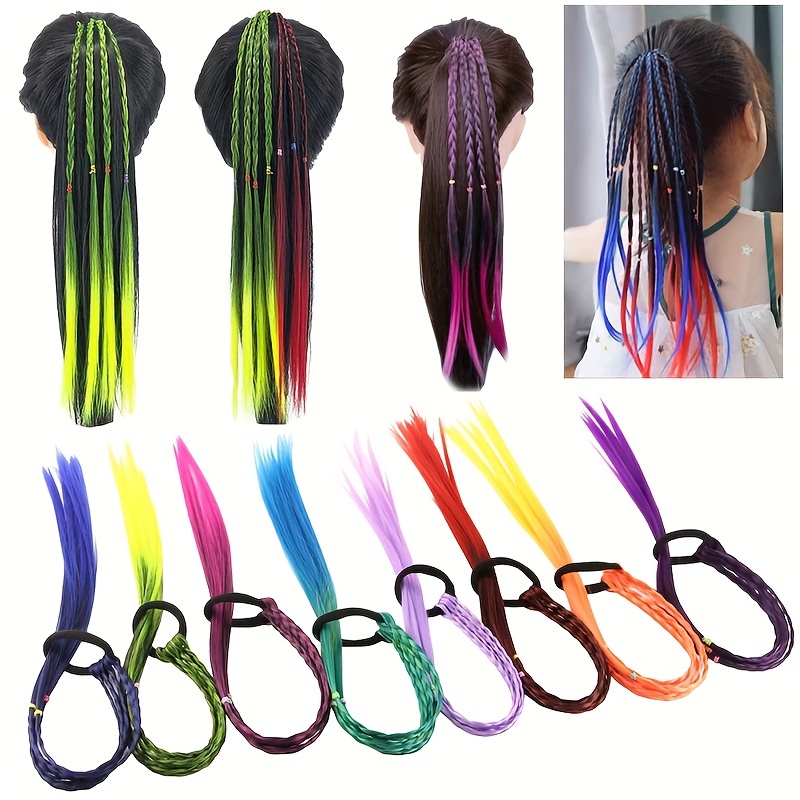 10 Pcs Colored Braids Girl Hair Extension Accessories with Rubber Bands Rainbow Braided Synthetic Hairpieces Ponytail Hair Accessories Women Kids
