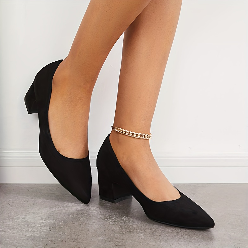 Women's Block-Heel Pumps in Suede with Pointed Toe - Black - Size 9