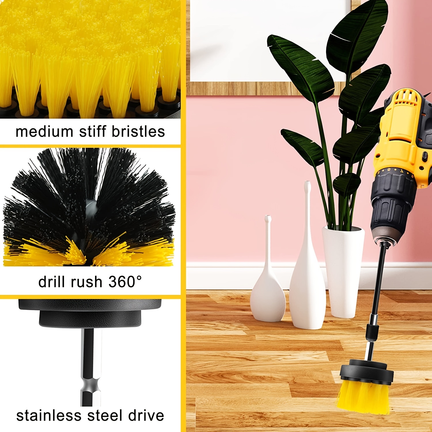Original Drill Brush 360 Attachments 3 Pack Kit Medium- Yellow All Purpose Cleaner Scrubbing Brushes for Bathroom Surface Grout Tub Shower