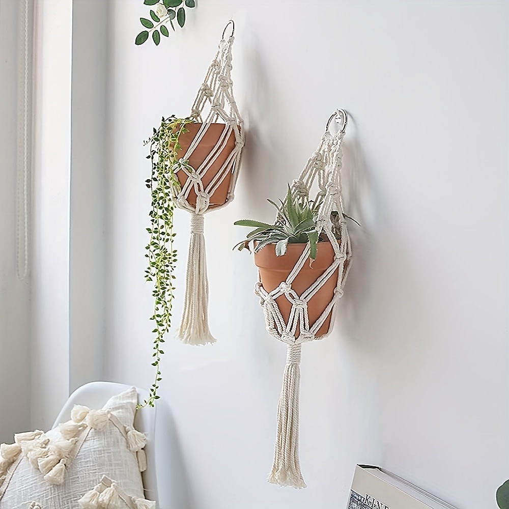 Paquete de 2 macetas colgantes bohemias con base de madera para plantas de  interior, perchas de macramé para plantas al aire libre, estante creativo