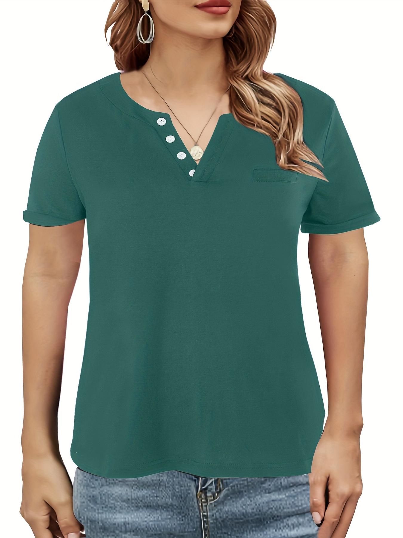 v neck button t shirt short sleeve solid t shirt casual every day tops womens clothing green 1 0