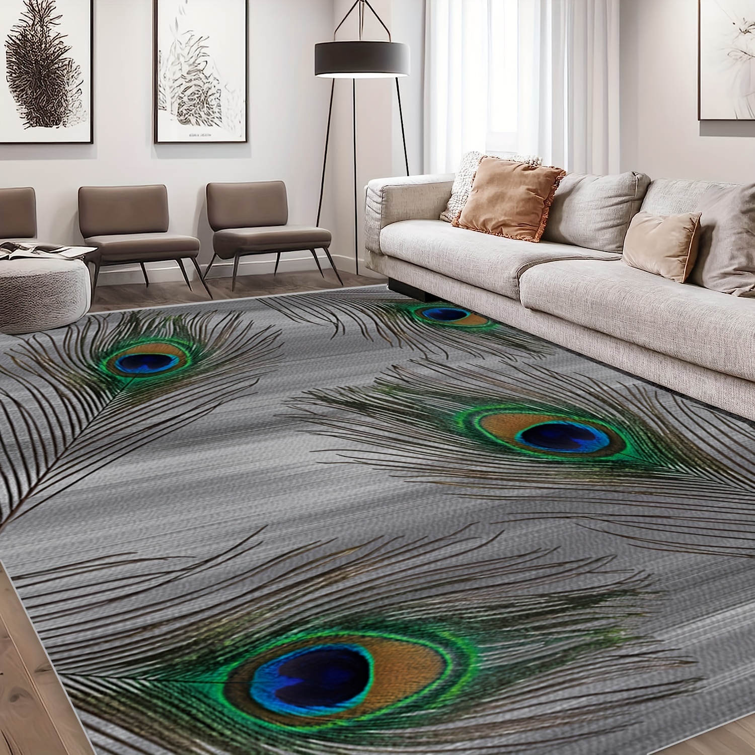 Peacock Feather Print Carpet for Living Room Dormitory Bedroom Small Office