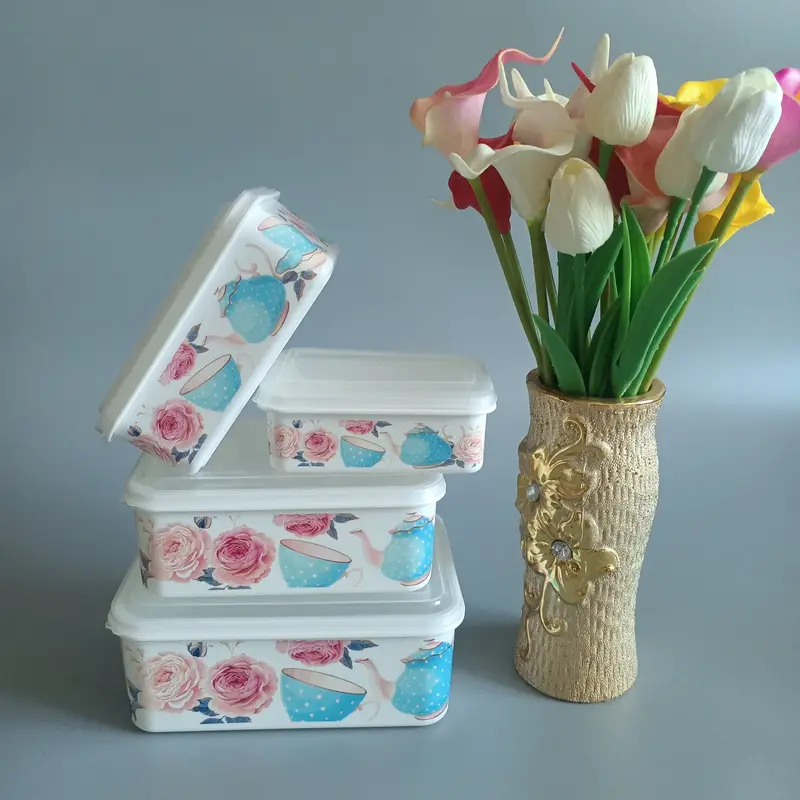 plastic Flower Printed Kitchen Container 4Pcs Set, 500ML,1000ML