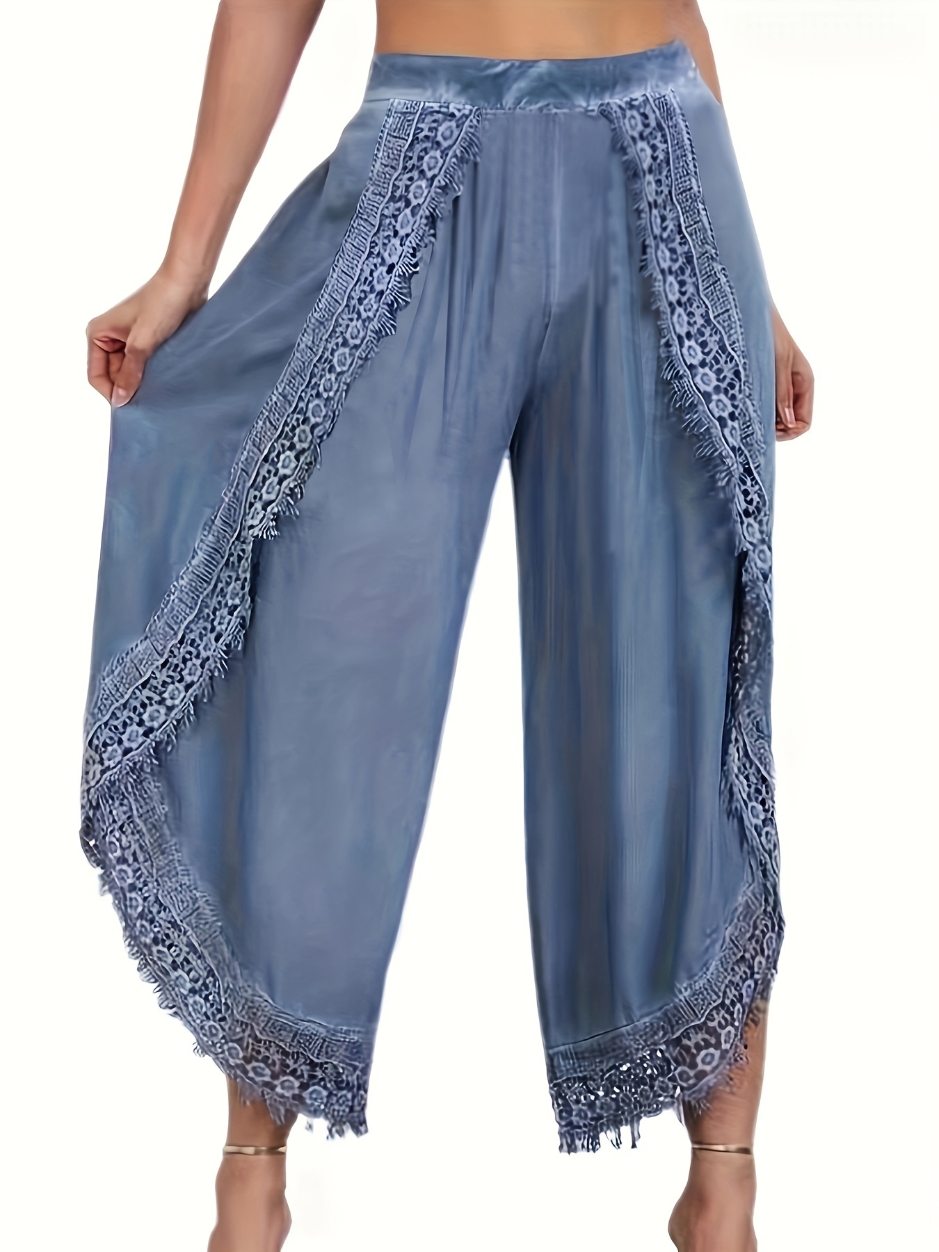 Plus Size Boho Pants Women's Plus Solid Drawstring Split Hem - Temu