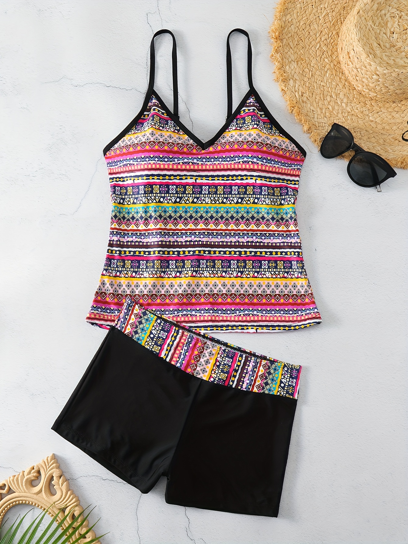 Colorblock Striped Print Tankini Sets Round Neck Spaghetti - Temu