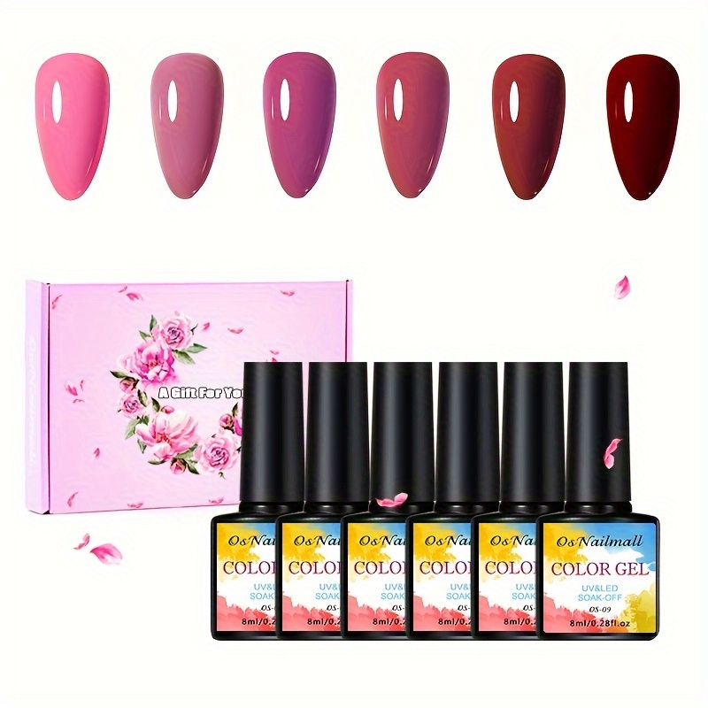 

6 Pcs Gel Nail Polish - Gel Nail Kit With 6 Colors Gel Polish Kit Christmas Color Nail Polish Set Green Red Pinkish Collection For Women