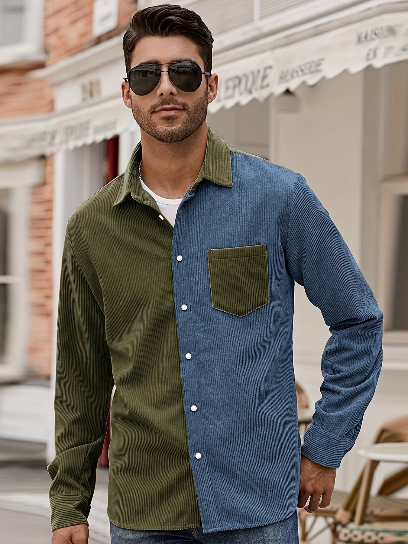 Casual Patchwork Color Block Button Up Shirt, Men's Clothes For Spring Fall