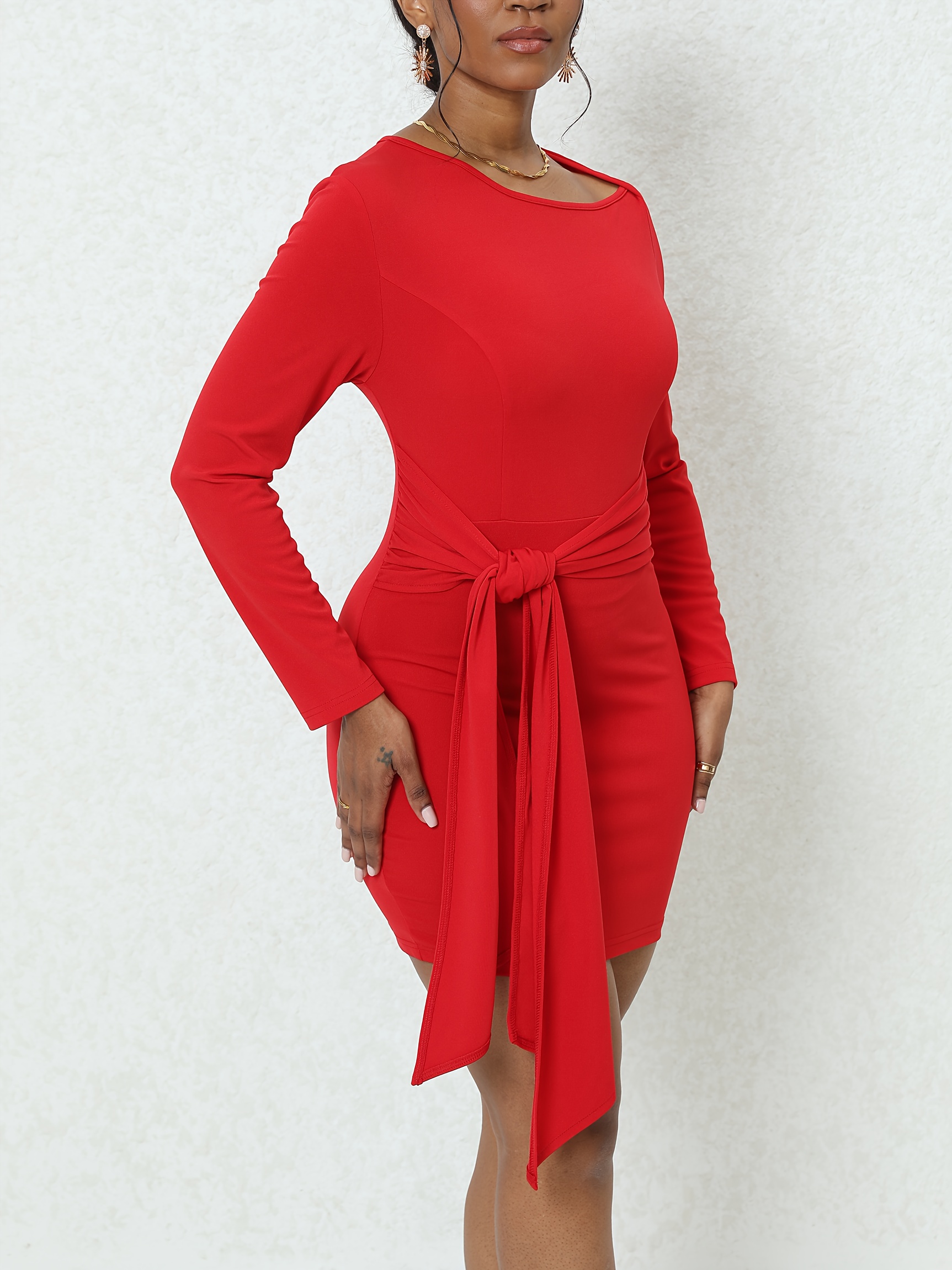 tie waist asymmetric neck dress casual long sleeve - Temu United Kingdom