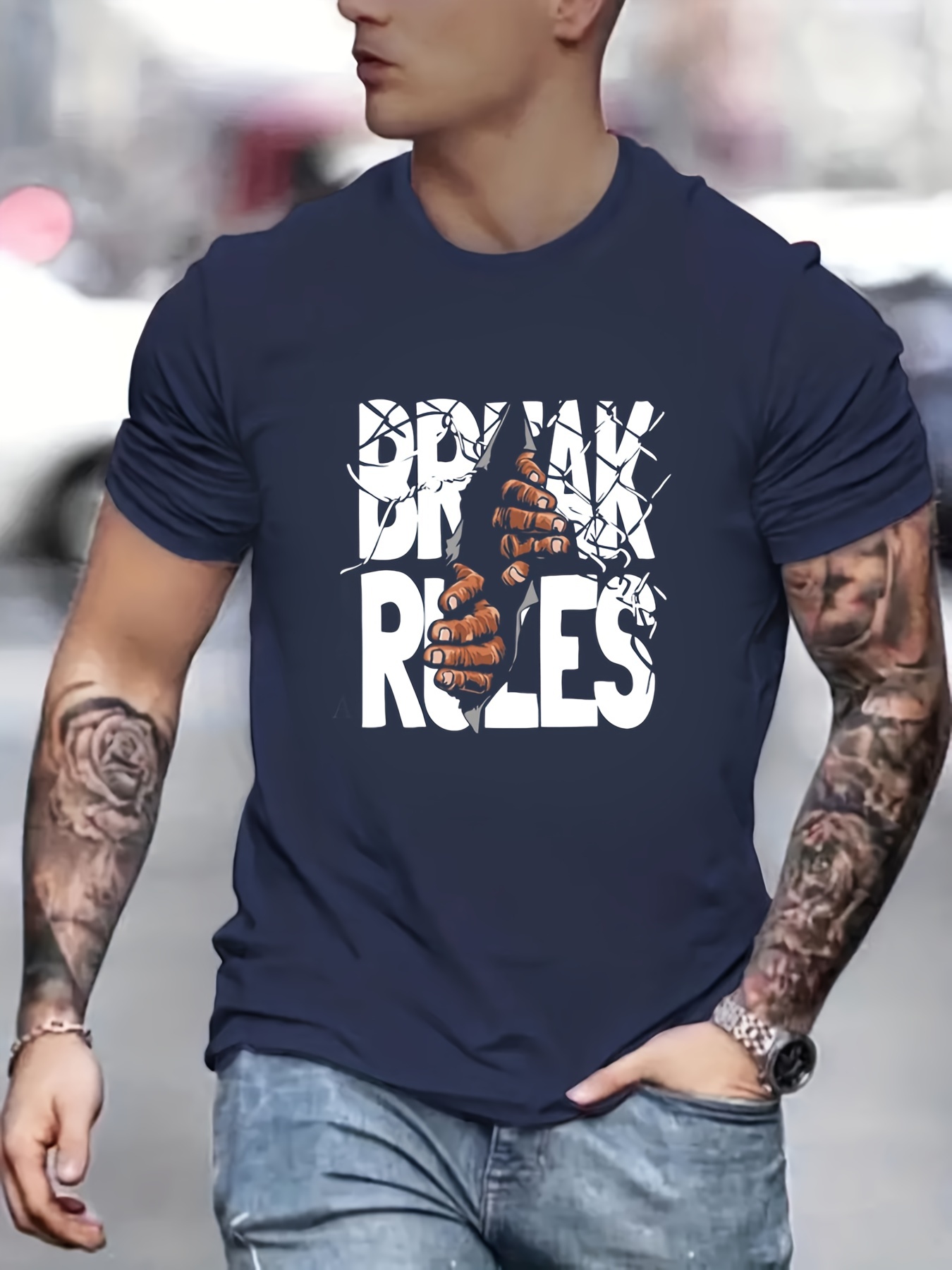 Plus Size Men's Casual Graphic Tees Summer "break Rules" Temu Netherlands
