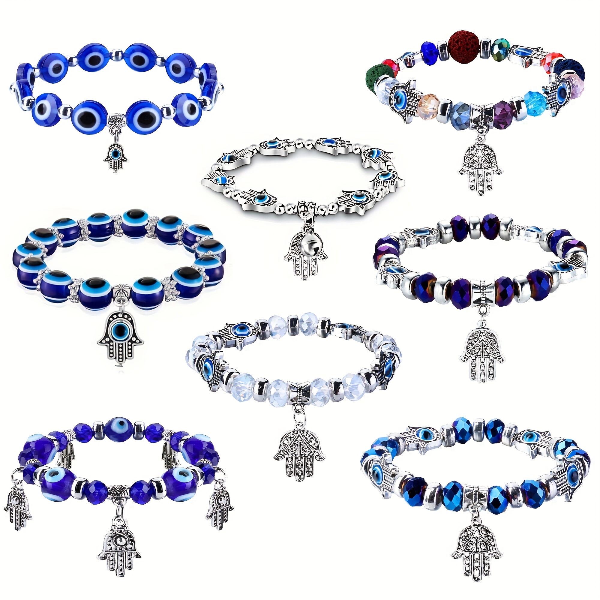 

8pcs/set Evil's Eye Beaded Bracelets For Women Men Blue Eye Hamsa Hand Charm Stretch Bracelet Lucky Bracelet For Protection & Blessing