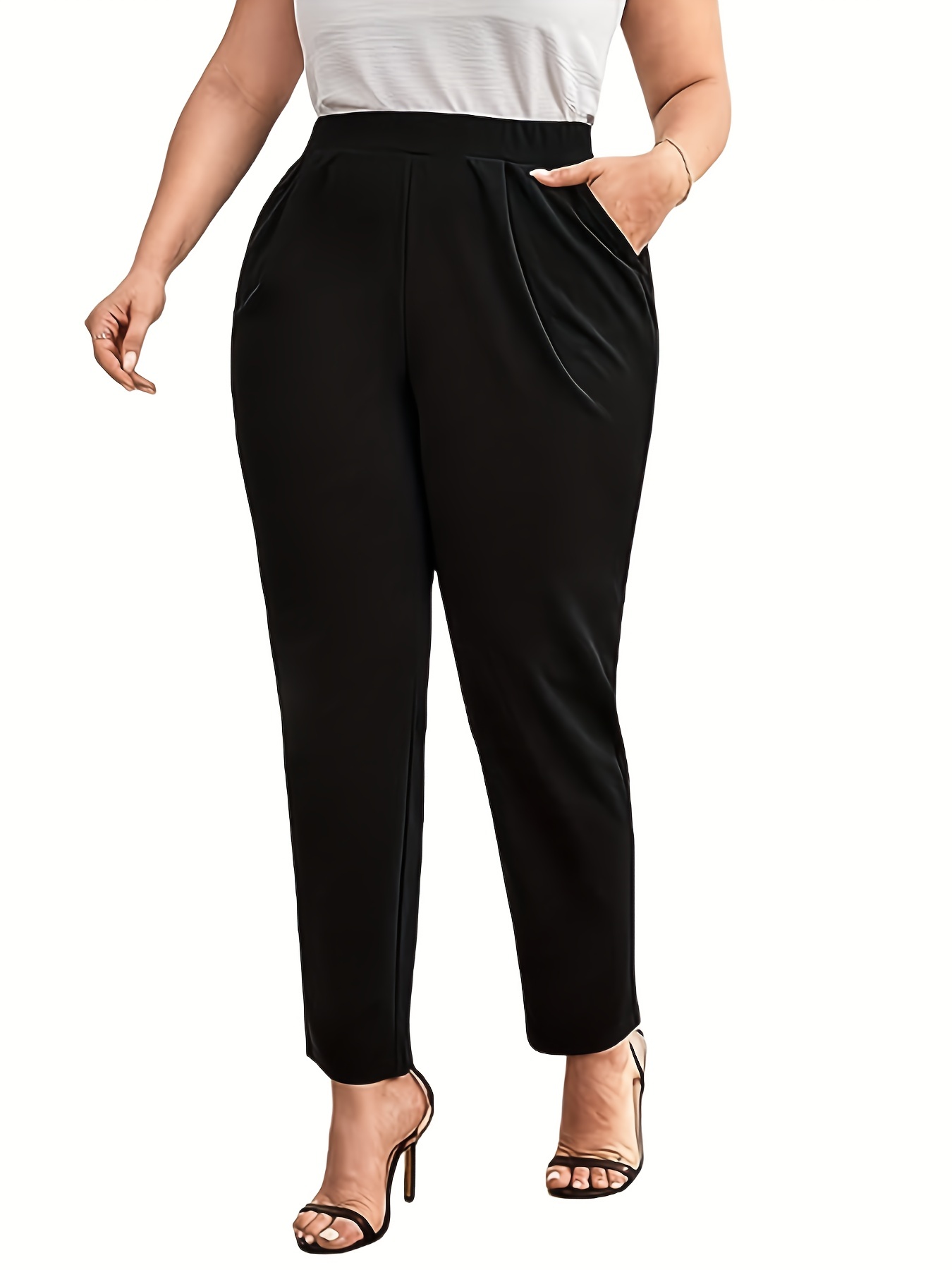 Plus Size Business Casual Pants Women's Plus Solid Elastic - Temu Canada