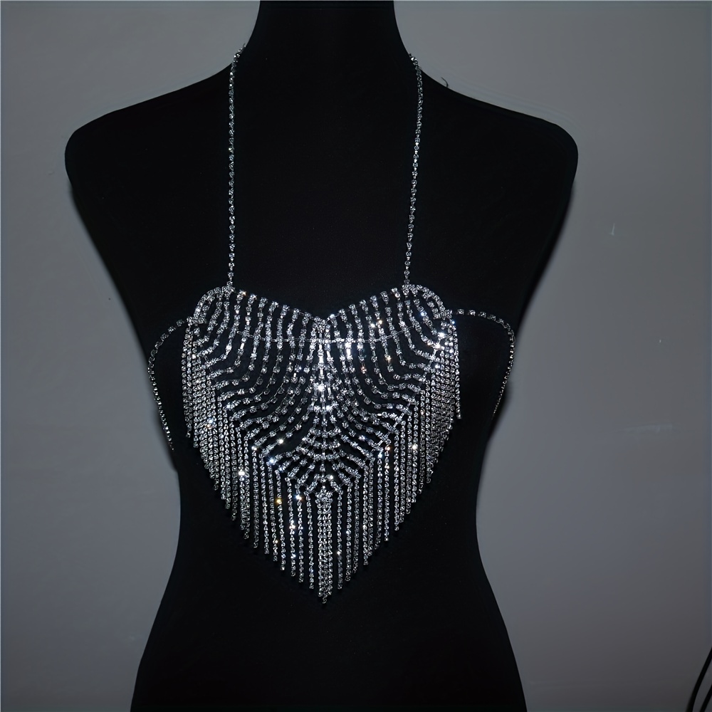 Bling Rhinestone Love Heart Chest Chain Harness Bra Necklace Para