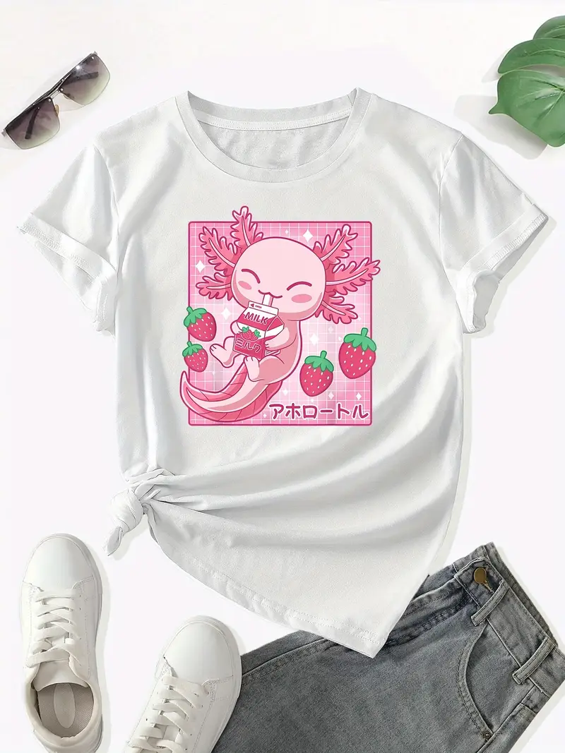 Camiseta de gola redonda com estampa de desenho animado Axolotl, camiseta  de manga curta Kawaii para primavera e verão, roupas femininas - Temu  Portugal