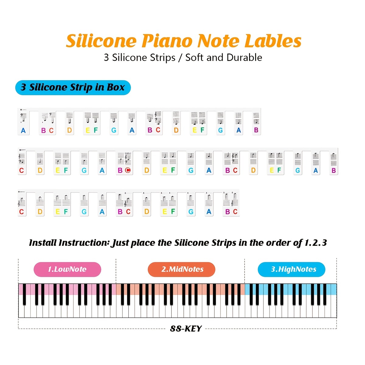 Étiquettes amovibles de notes de clavier de piano en silicone réutilisables  88 touches