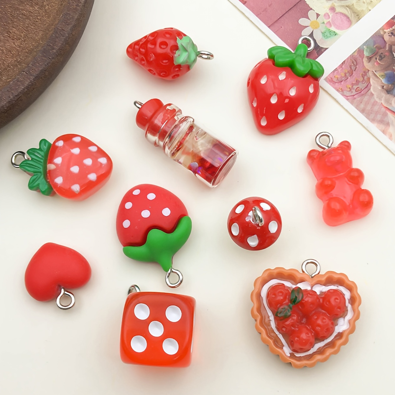3D Strawberry Charms (2pcs) (9mm x 16mm / 2 Sided) Kawaii Fruit Charms, MiniatureSweet, Kawaii Resin Crafts, Decoden Cabochons Supplies