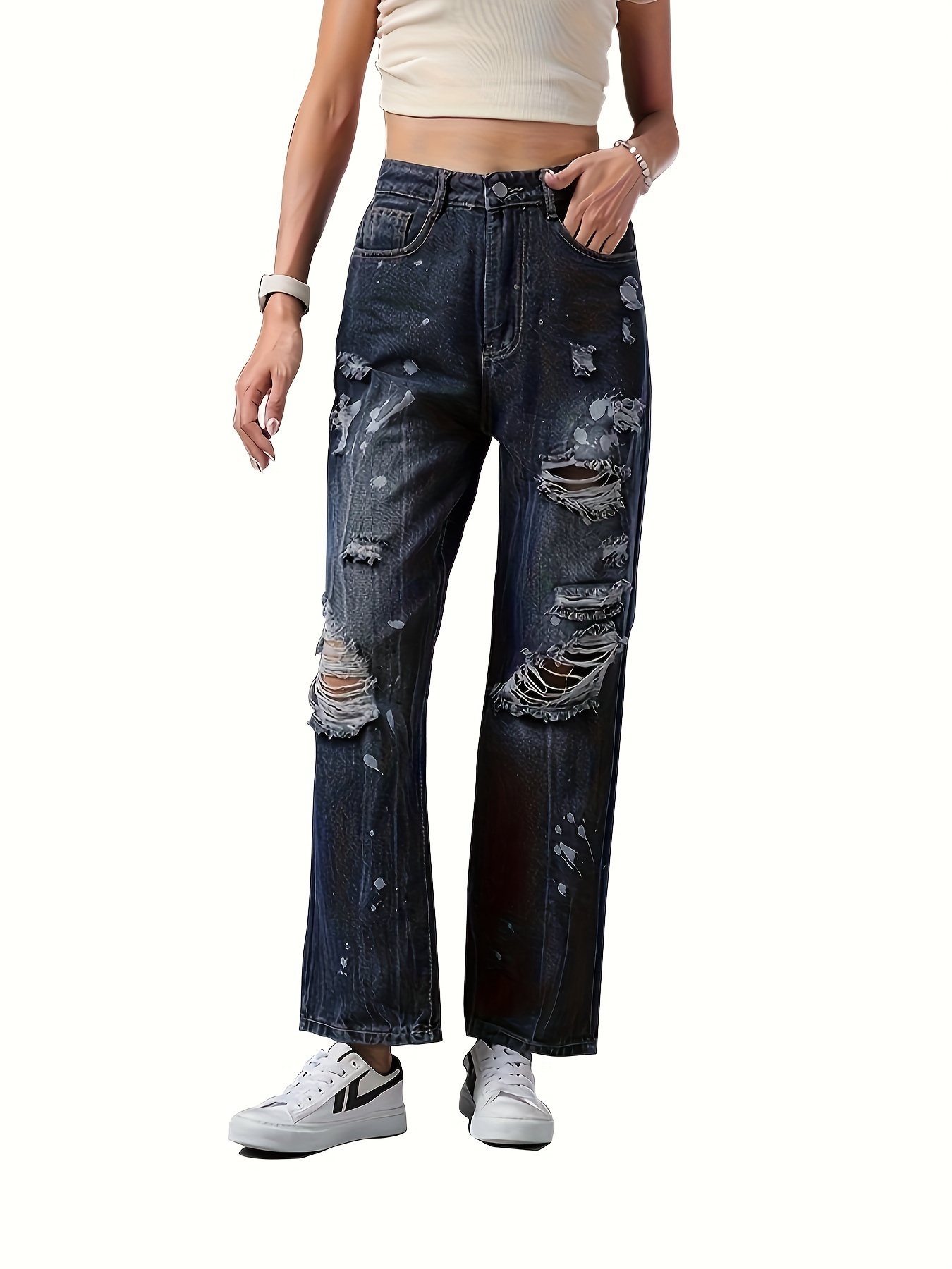 Blue Cargo Pockets Straight Pants Ripped Holes Non stretch - Temu