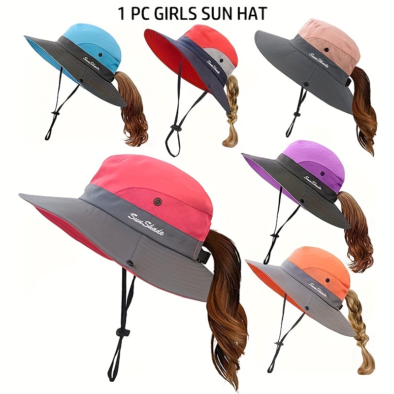 Kids Bucket Hat, UV Protection Sunshade Hat, Ponytail Sun Hat, Bucket Hats for Girls,Temu