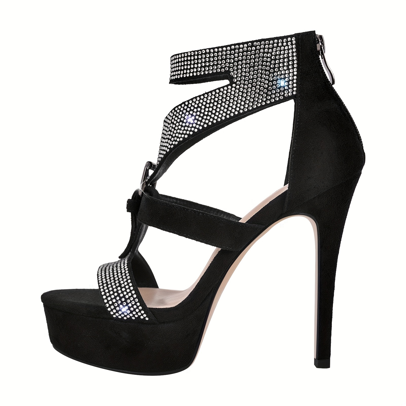 Women's Platform High Heels, Rhinestone Decor Open Toe Buckle Strap Stilettos, Sexy Party Back Zipper Sandals