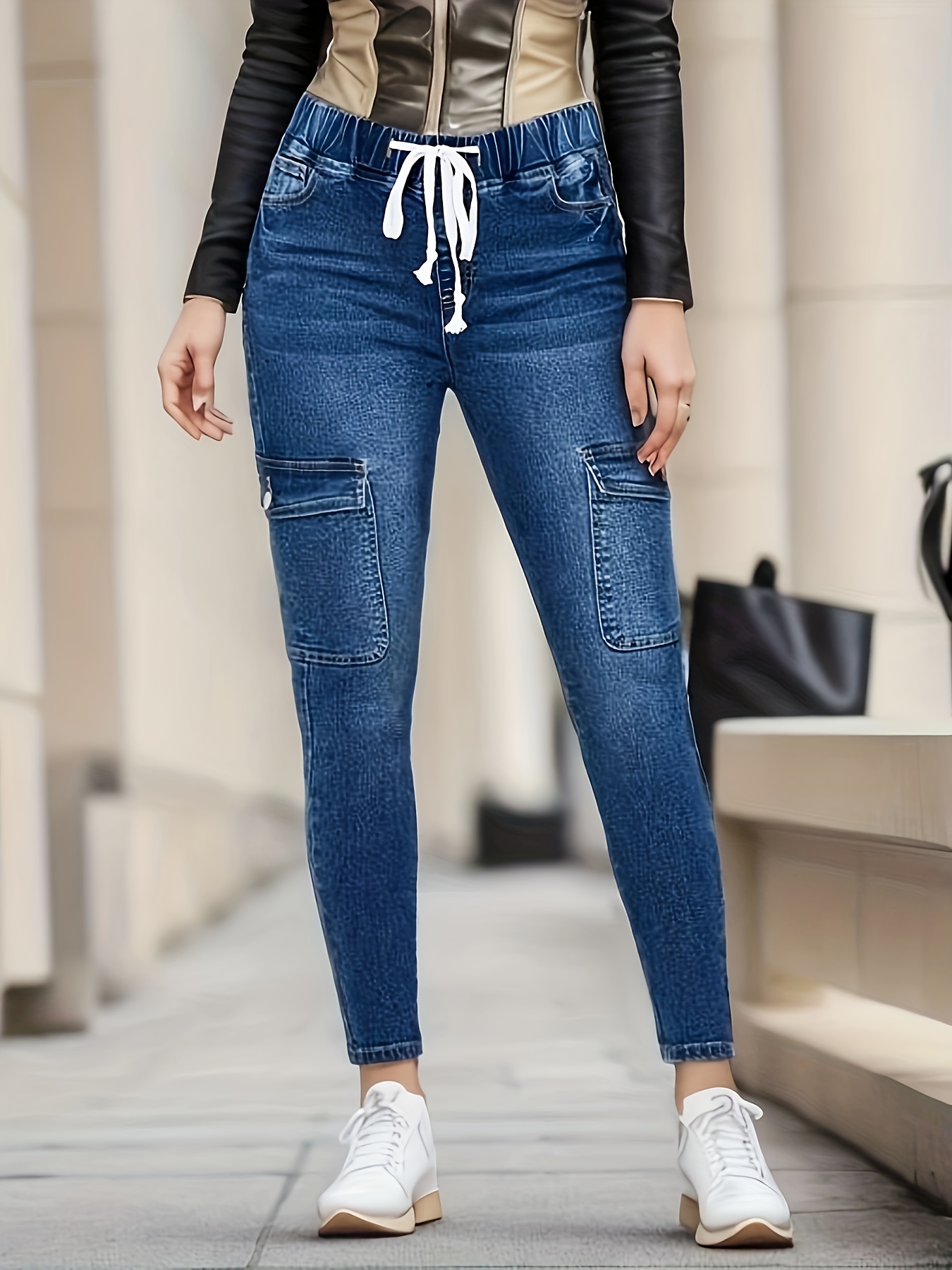 Dark Blue Versatile Skinny Jeans Slim Fit Slash Pockets - Temu