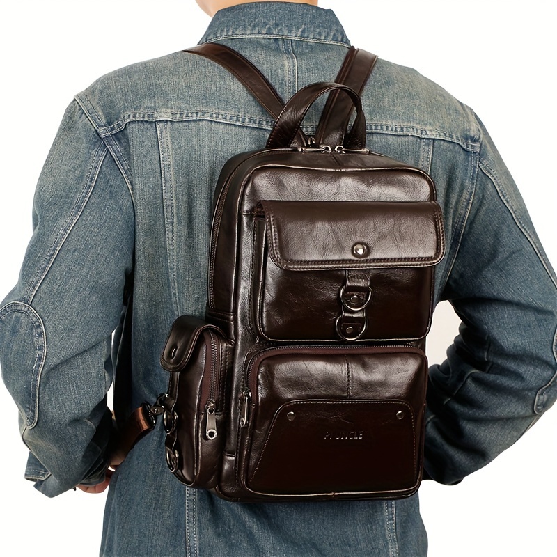 

Cowhide Leather Backpack, Men's Casual Street Trendy Large Capacity Bag, Soft Cowhide Shoulder Outdoor Sports Travel Bag