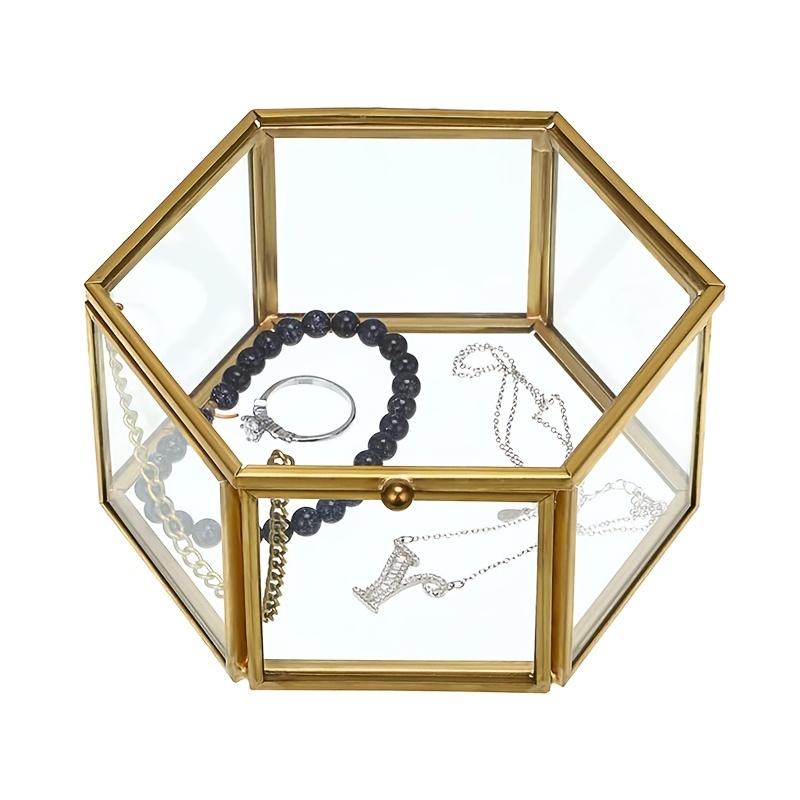 Caja decorativa de cristal transparente con línea geométrica dorada y caja  de sombra de latón, caja del tesoro para exhibición de joyas, 8 x 4.5 x 5