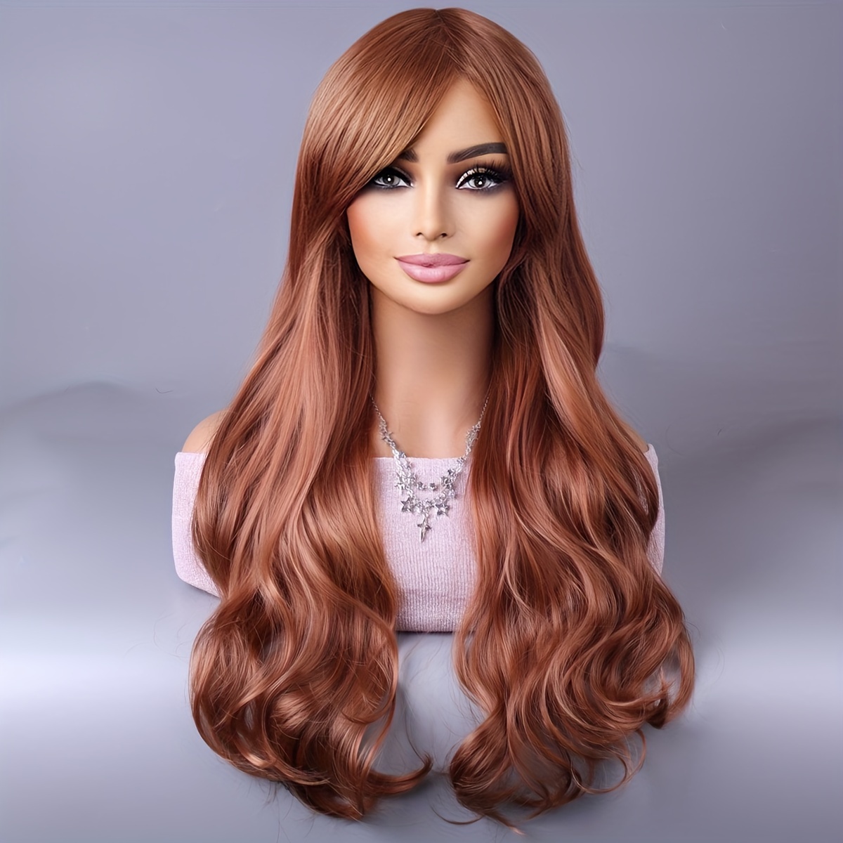 

Long Reddish Brown Curly Wig With Bangs For Women Curly Wavy Wigs Synthetic Heat Resistant Fiber For Daily Party Cosplay Use