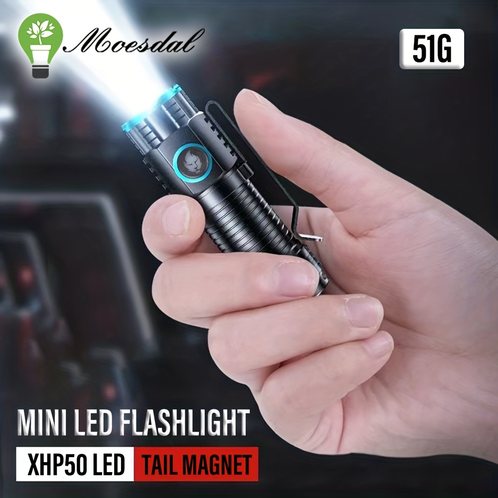 

1pc Portable Mini Xhp50 Led Flashlight, Powerful Outdoor Torch, Usb Rechargeable 16340 Light, Household Small Flashlights, 3 Modes Camping Fishing Lantern With Tail Magnet, Power Display