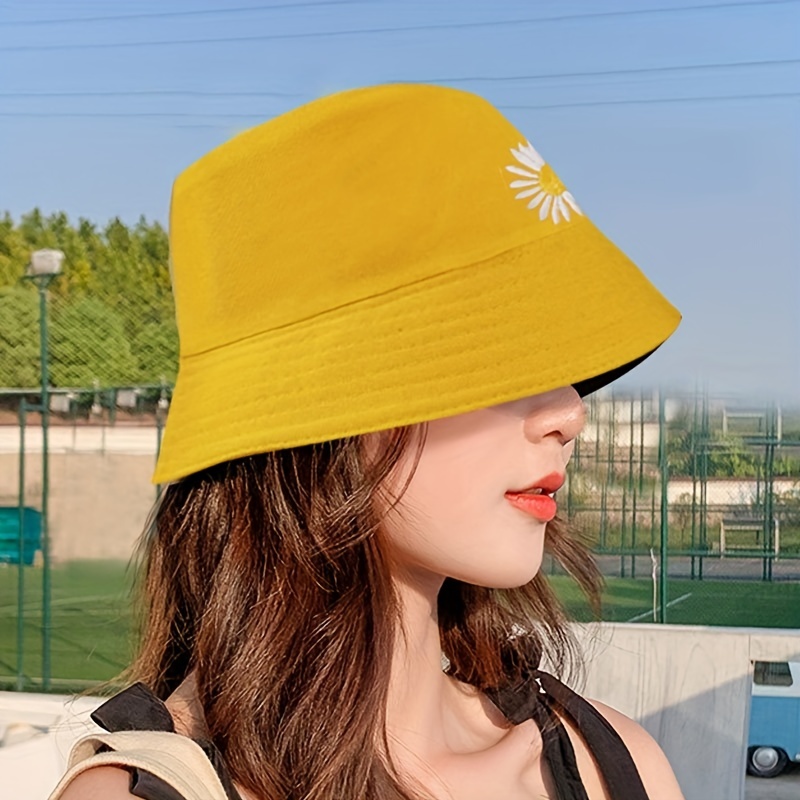 Daisy Flower Embroidery Bucket Hat Reversible Sunscreen Beach Cap Women