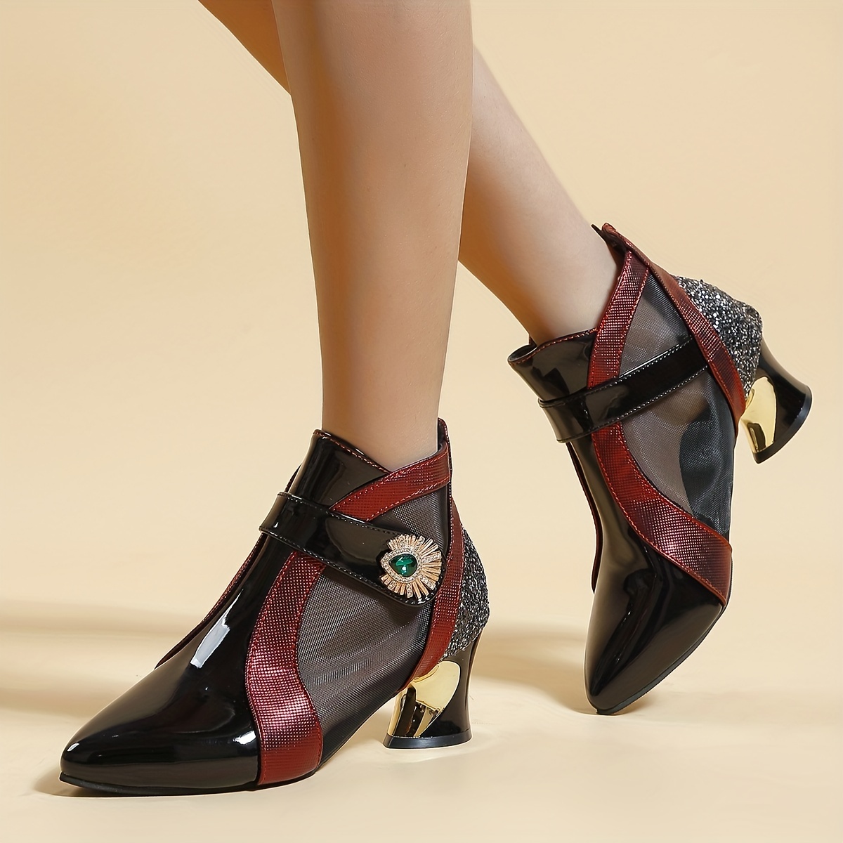 Women's Rhinestone Mesh Ankle Boots French Heel Pointed Toe - Temu