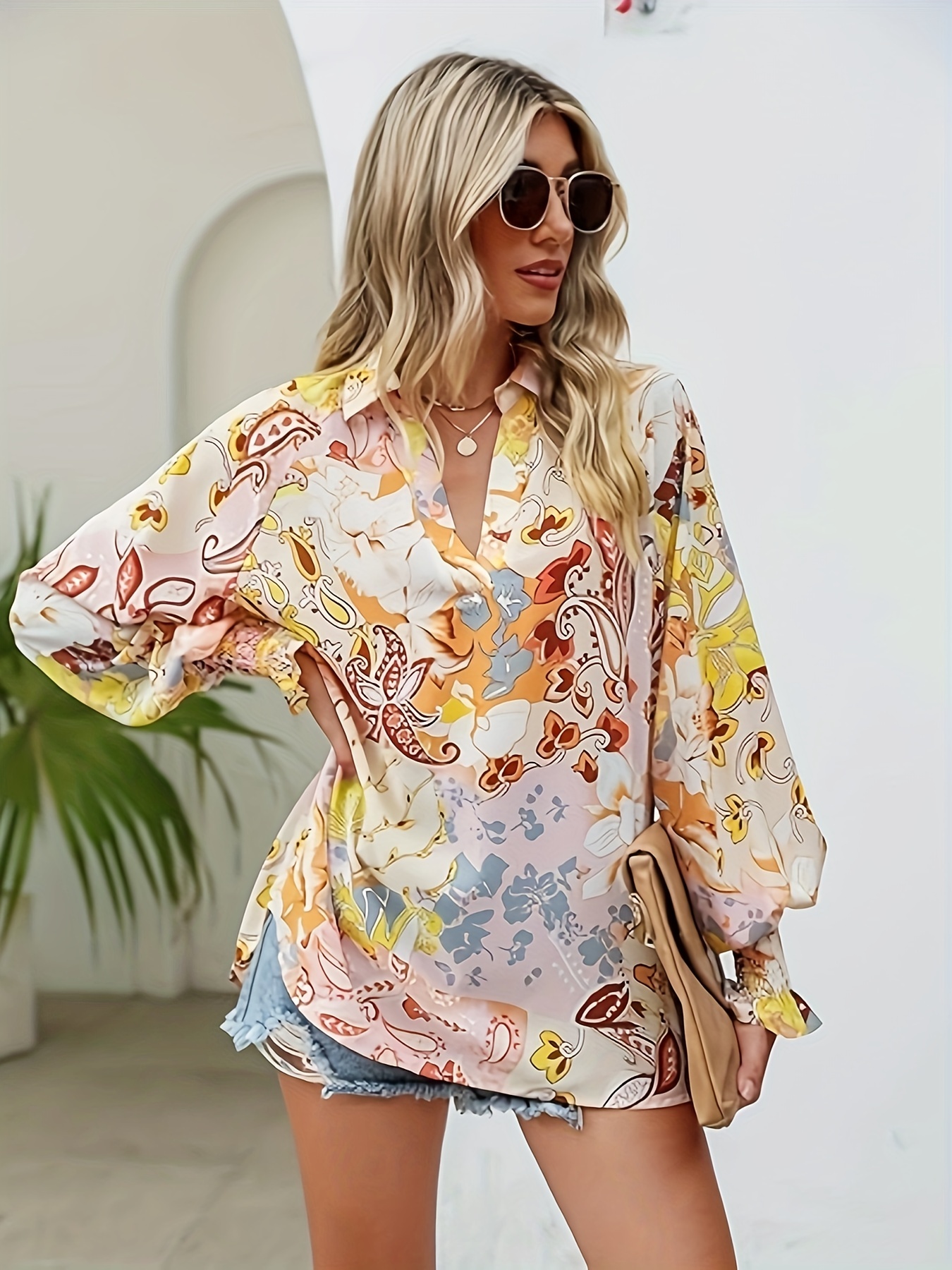 allover print notched collar blouse elegant long sleeve loose top for spring fall womens clothing
