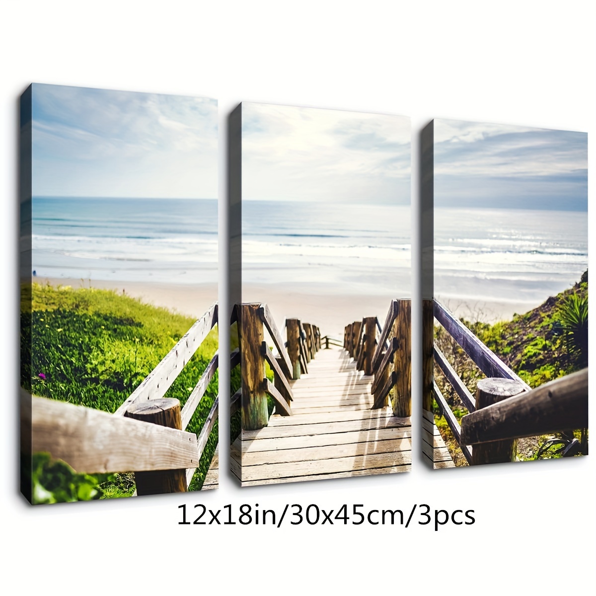 Beachside Wooden Path Wall Art: Bridge Boardwalk Stair Graphic Art on Wrapped Canvas for Wall Decor (18''x24'')