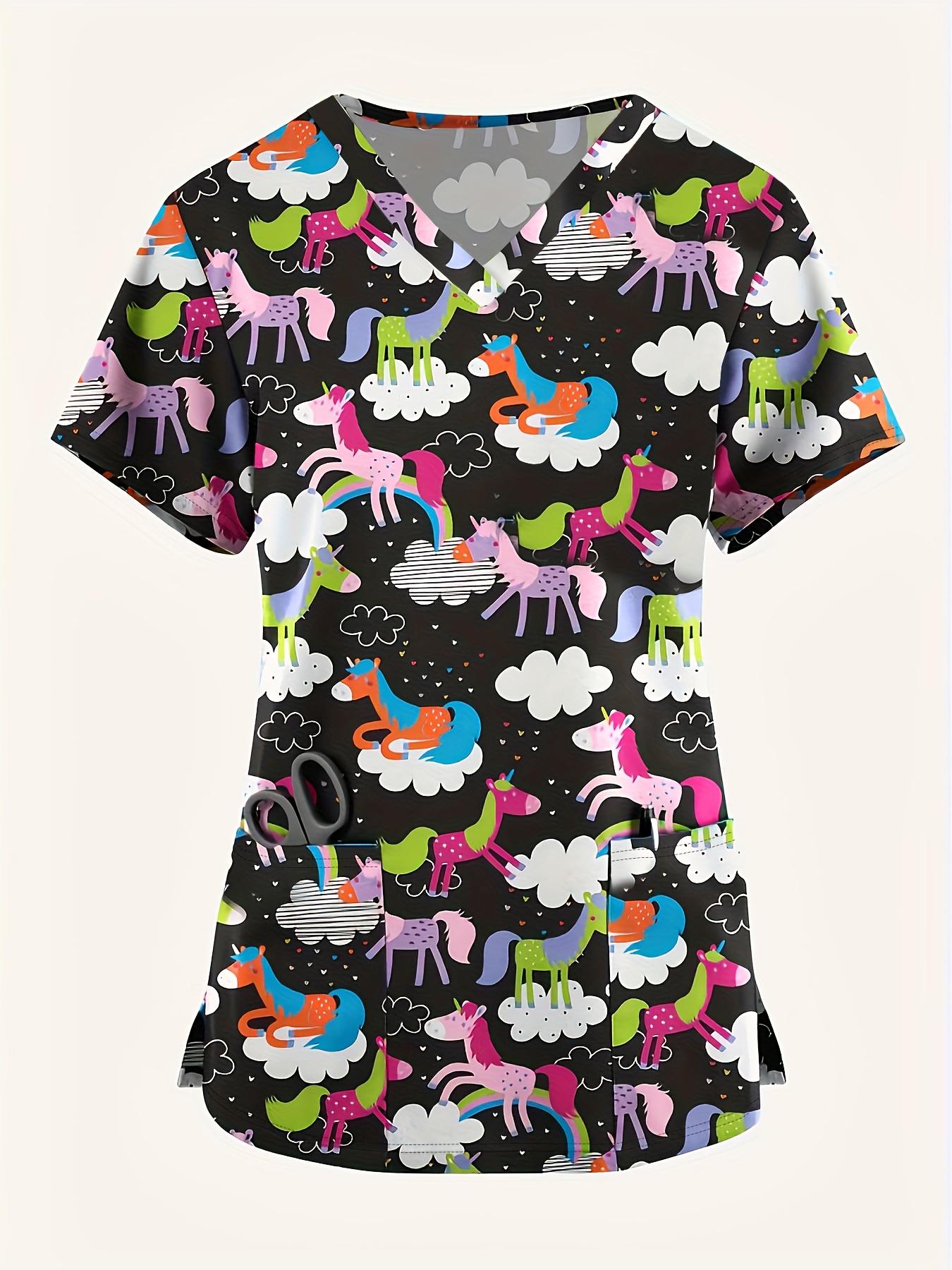 Cartoon Print V Neck Scrub Tops Casual Short Sleeve Patched - Temu